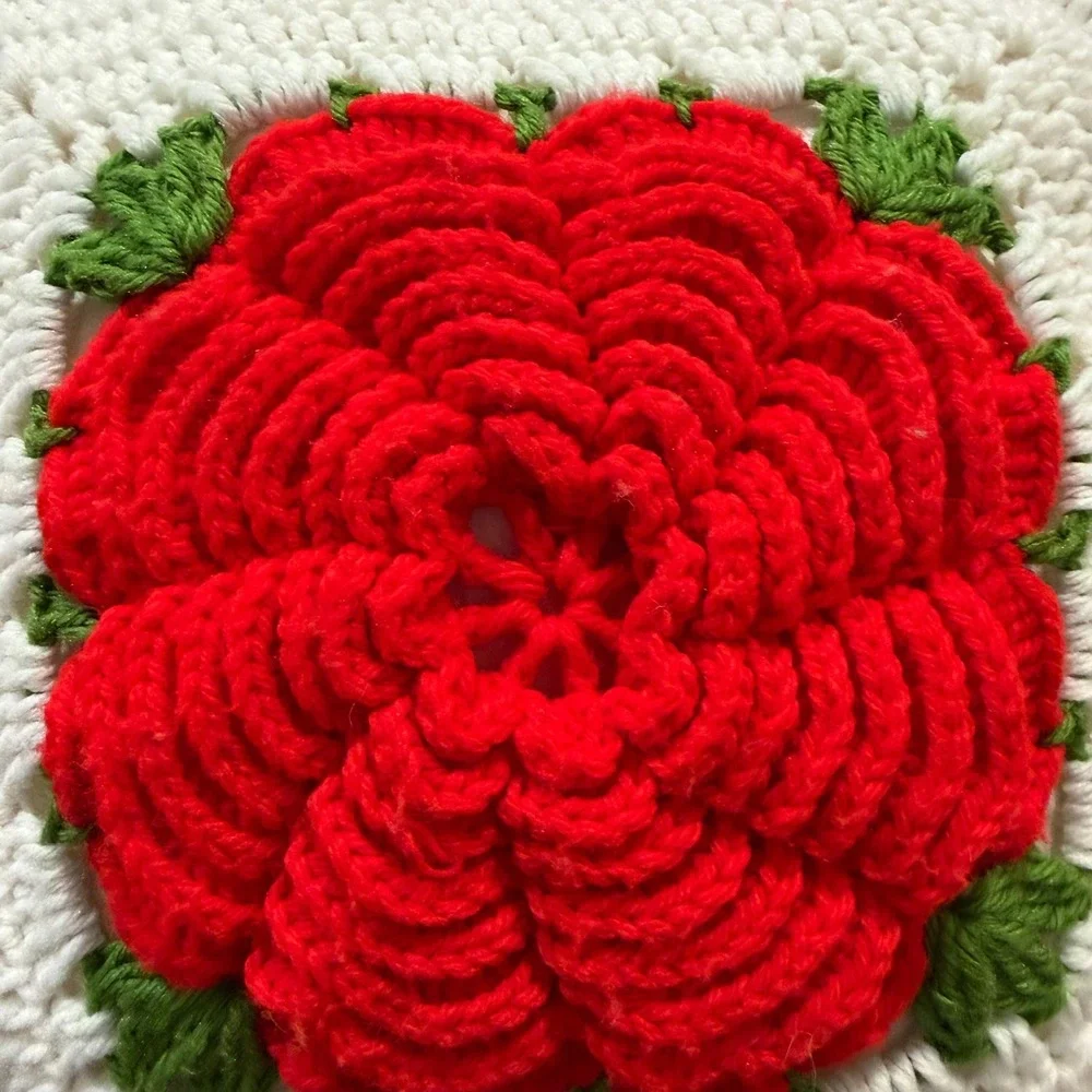 Vintage Handmade Crochet 3D‎ Rose Throw Pillows Set of 2 White & Red